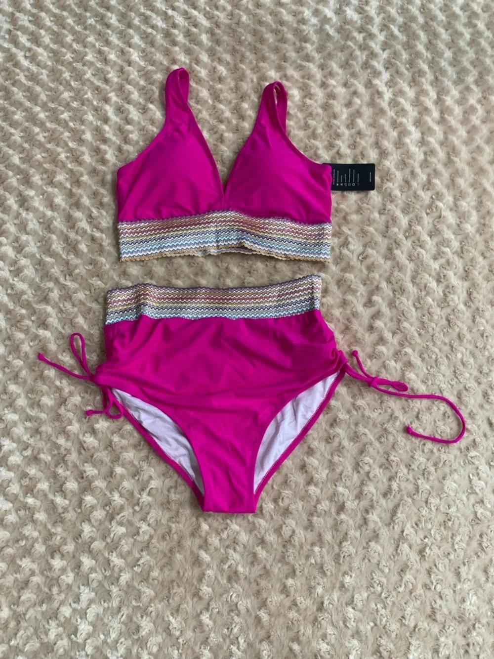 New Women Large Hot pink high-waisted two-piece bikini set featuring a V-neck